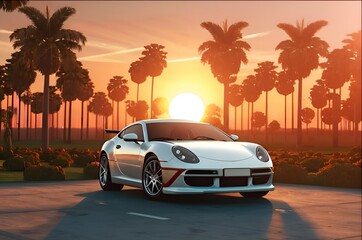 Sleek Silver Sports Car Radiating Luxury Against Tropical Sunset Palm Background