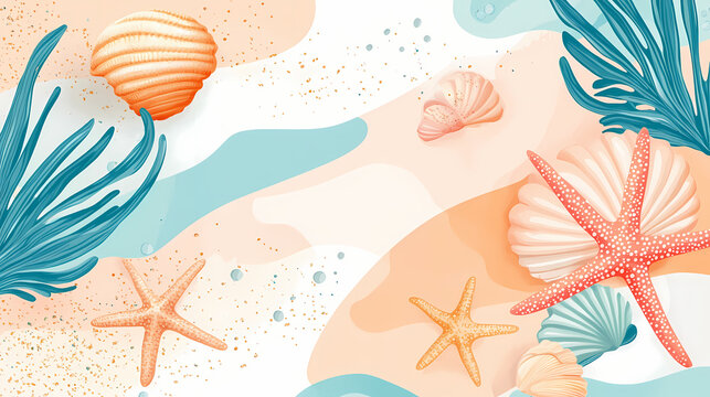 Summer time concepts feature seashell starfish and coastal decorations on an abstract style beach background Seashell. Illustration