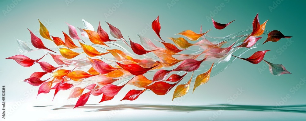 Poster flowing abstract art with colorful leaves in motion on a soft background of gradient colors for crea