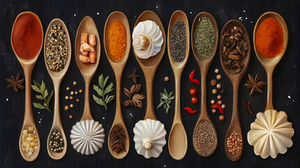 System in the space, spices and herbs on wooden spoons, spices on black background. Seashell. Illustration