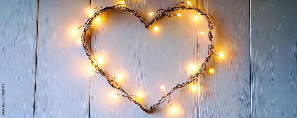 Poster heart-shaped string lights on rustic wooden surface, creating a warm and inviting atmosphere for rom
