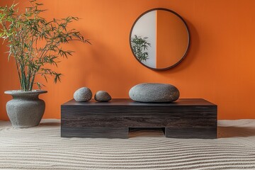 Zen garden with sand ripples and rocks against an orange wall