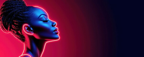 Stunning profile of a woman with elegant braided hairstyle illuminated by vibrant neon light against a dark gradient background showcasing beauty and art