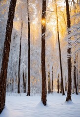 Obraz premium stunning frost covered forest landscape illuminated beautiful sunrise light creating winter wonderland scene, trees, branches, snow, gradient, colors, mist