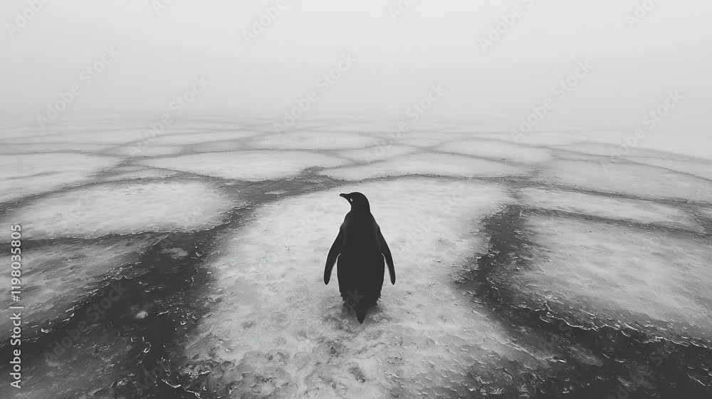 Poster a monochromatic picture of a penguin standing on an ice floe, surrounded by hazy clouds