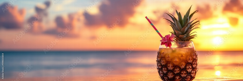 Aufkleber Refreshing pineapple drink served on a beach with sunset view creating a relaxing atmosphere near the ocean. Generative AI