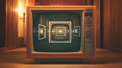 Fototapeta premium 古いブラウン管テレビに映る無限に続くテレビの入れ子構造
