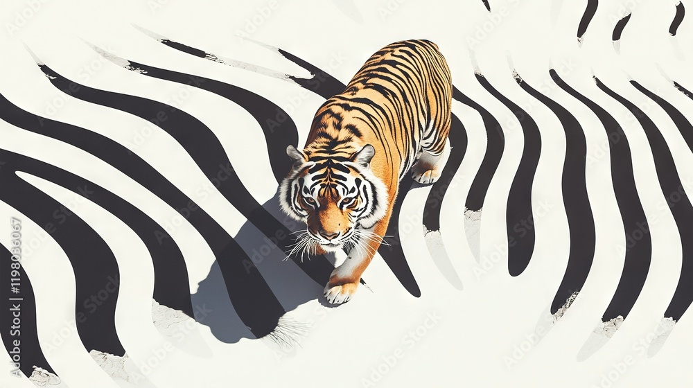 Poster an image of a tiger striding over a zebra stripe pattern in white, black, and orange hues with a sha