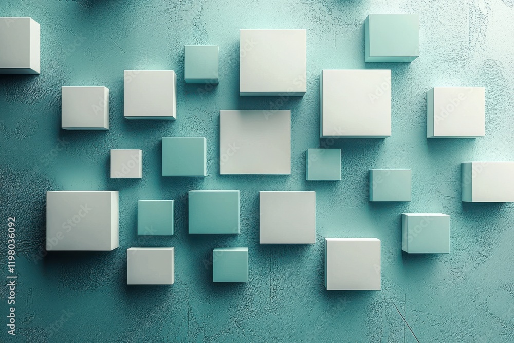 Wall mural teal and white geometric abstract background with 3d overlapping squares