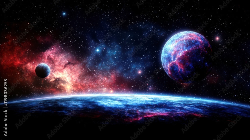 Poster cosmic landscape with colorful planets and stars in a vast universe, featuring nebula clouds and an 