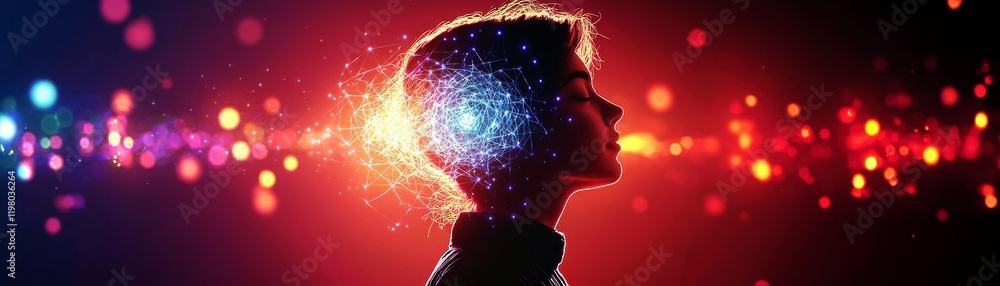 Aufkleber profile of a woman with abstract light trails symbolizing creativity and ideas in a digital realm wi