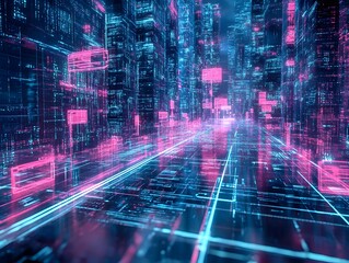 Obraz premium Neon networks running through a digital city