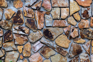 Textured stone wall with irregular brown and beige rocks