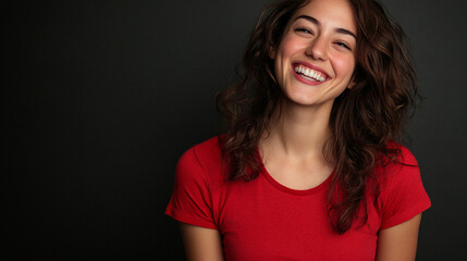 portrait of a brunette woman wearing red top smiling