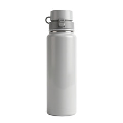 Modern stainless steel thermos bottle with cap on white background