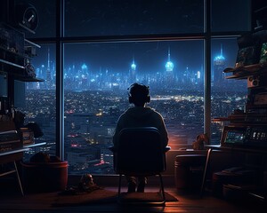 Obraz premium Person Viewing a Futuristic Radio at Night in a Modern Apartment, Seen from Behind