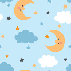 Seamless pattern with cute moon, clouds and stars. Sleeping moon, baby texture on blue background. Vector illustration. It can be used for wallpapers, wrapping, cards, patterns for clothes and other.