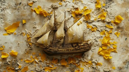 Obraz premium A model ship is displayed on a wall with yellow paper scraps. The ship is a replica of a pirate ship, and the yellow paper scraps give the scene a sense of decay and abandonment