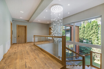 The hall of the second floor of a private house. Huge panoramic window. Beautiful ceiling...