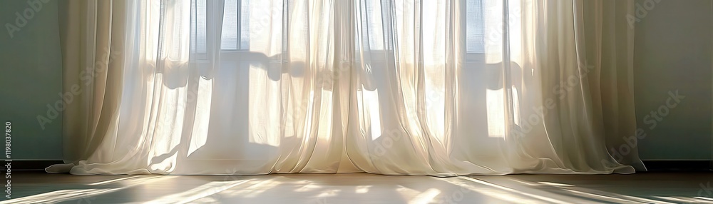 Poster soft natural light streaming through sheer white curtains in a bright room, creating a calm and invi