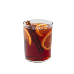 Glass of mulled wine with orange slices and cinnamon sticks on gray