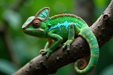 Obraz premium Veiled chameleon clinging to tree branch, vibrant green scales, forest, chameleon, nature