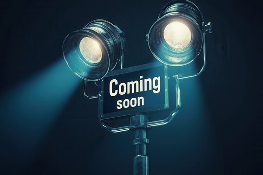 Spotlights illuminating coming soon message on dark background