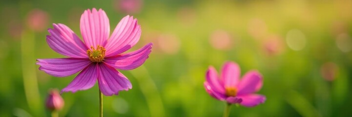Vibrant cosmos flower with delicate petals in a lush green field, blooming, nature, outdoors