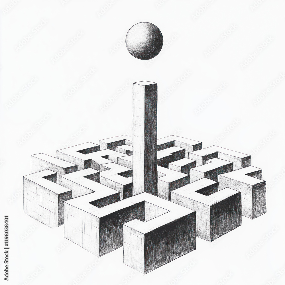 Poster intricate maze design features complex pathways surrounding central pillar. sphere floats above. min