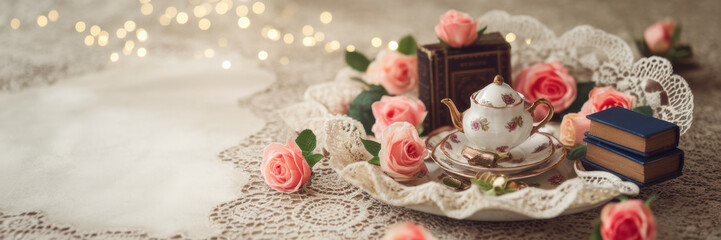Fototapeta premium Romantic Tea Party Roses Teapot Books Lace