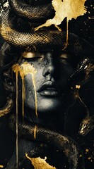 A woman with snakes for hair, golden drips and splatters