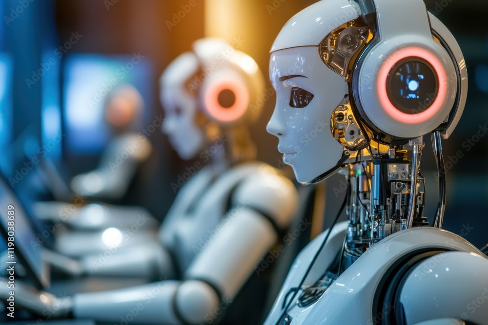 Poster advanced robots assist in a futuristic workspace with high-tech interfaces and glowing features