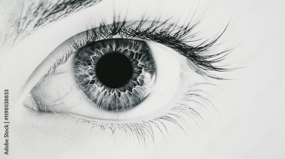 Poster close up view of a human eye showcasing intricate details and textures in a monochrome setting. gene