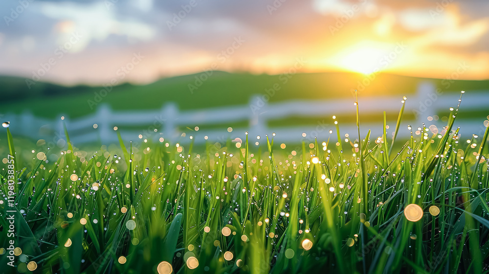 Poster field of grass with a white fence in the background. the sun is setting and the grass is wet with de