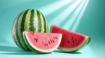 A vibrant watermelon with a slice, set against a soft turquoise background, creating a fresh and appetizing visual appeal.
