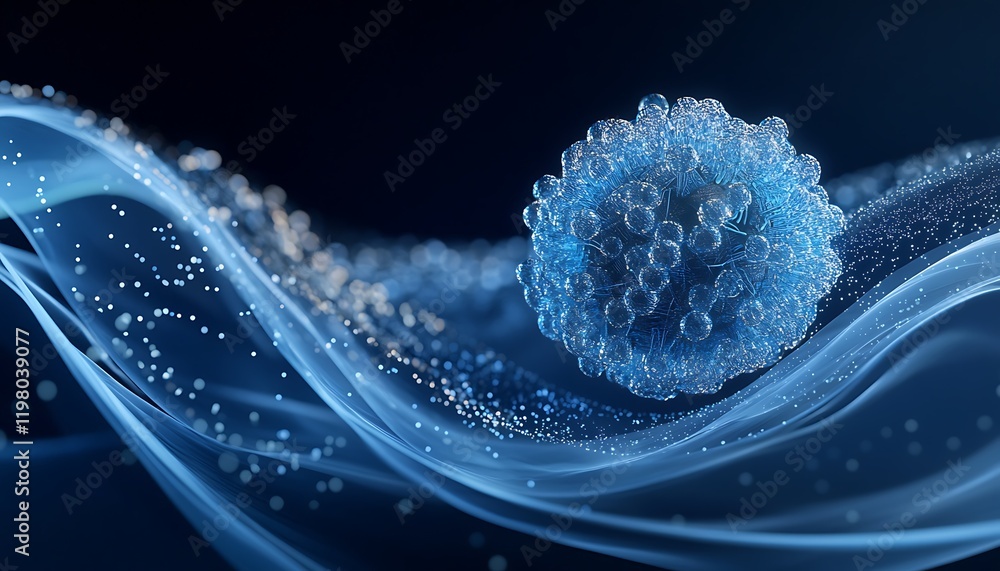 Poster abstract blue particle sphere and flowing wave background