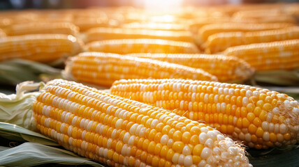 Sunlit corn cobs arranged neatly in a row, showcasing vibrant yellow kernels, symbolizing harvest and agricultural abundance.
