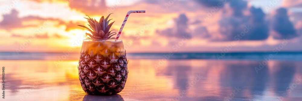 Poster pineapple drink with a straw placed on a reflective surface during sunset at a beach location. gener