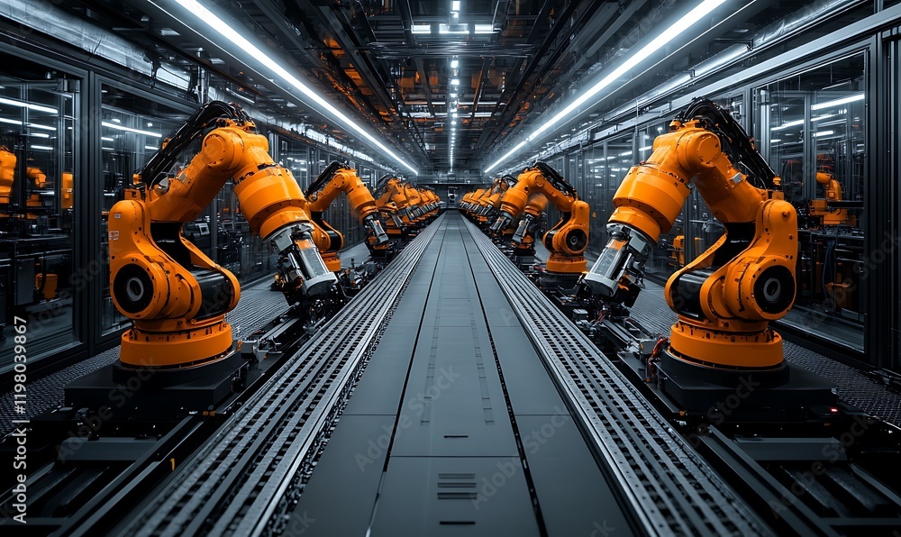 Poster assembly line of orange robots in modern factory