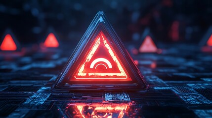 A futuristic triangular signal with glowing wind icons for turbulence zones 