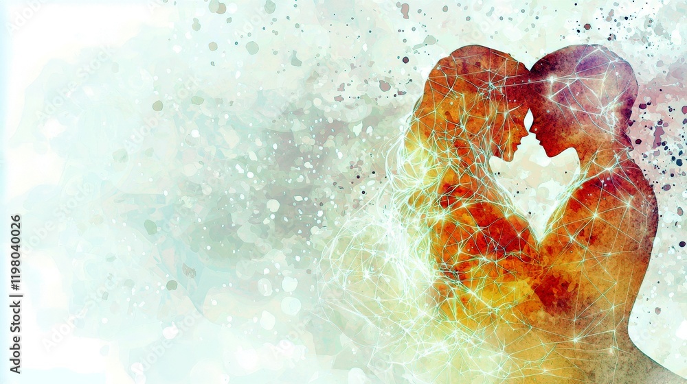 Poster abstract representation of love and connection with two silhouetted figures intertwined amidst a col