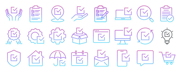 Check mark related editable stroke outline icons set isolated on white background flat vector illustration. Pixel perfect. 64 x 64