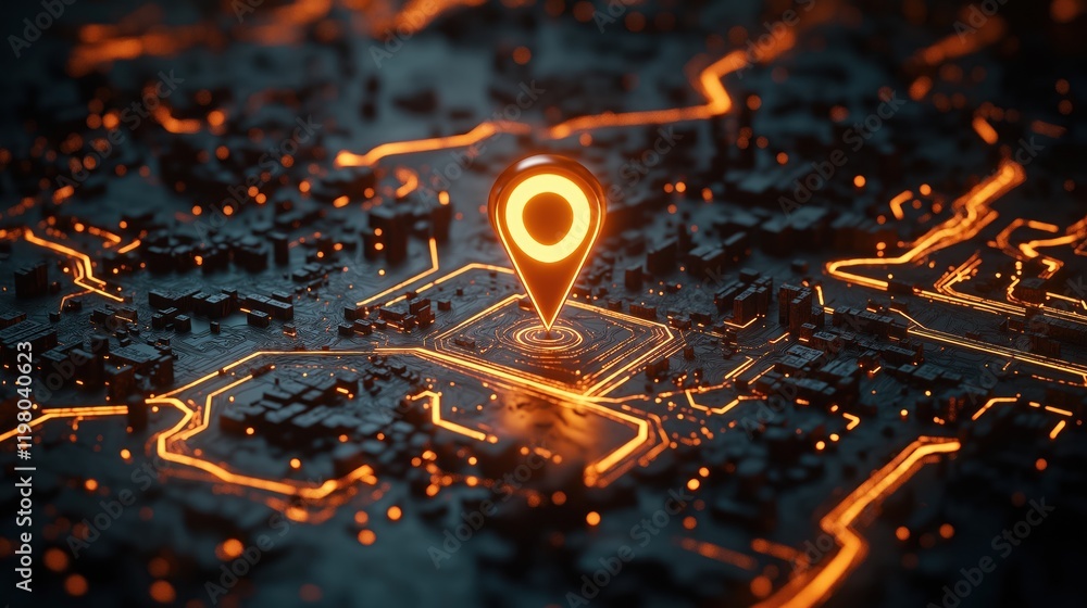 Aufkleber digital map shows glowing location pin on city tech map. navigation system highlight destination. mo