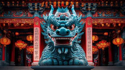 Fototapeta premium Blue dragon statue before Chinese temple.