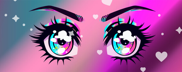 Large sparkling anime eyes with long lashes on a gradient shiny background.
