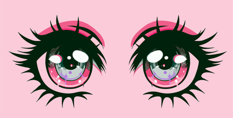 Bold fashionable graphic vector illustration of a pair of anime eyes of a female character for t-shirt printing.