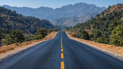 Naklejka premium Scenic mountain road stretching into the distance with lush greenery and clear blue sky