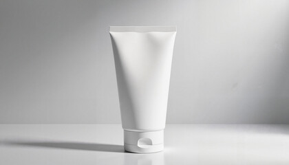 Minimalist tube mockup on reflective surface in bright setting, branding