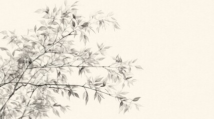 Monochrome close-up of delicate tree branches and leaves against a light background.