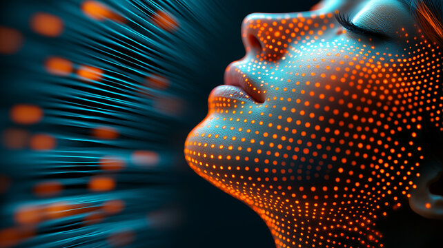 Portrait of a person with glowing orange digital codes projected on their face, symbolizing technology, identity, and innovation.
